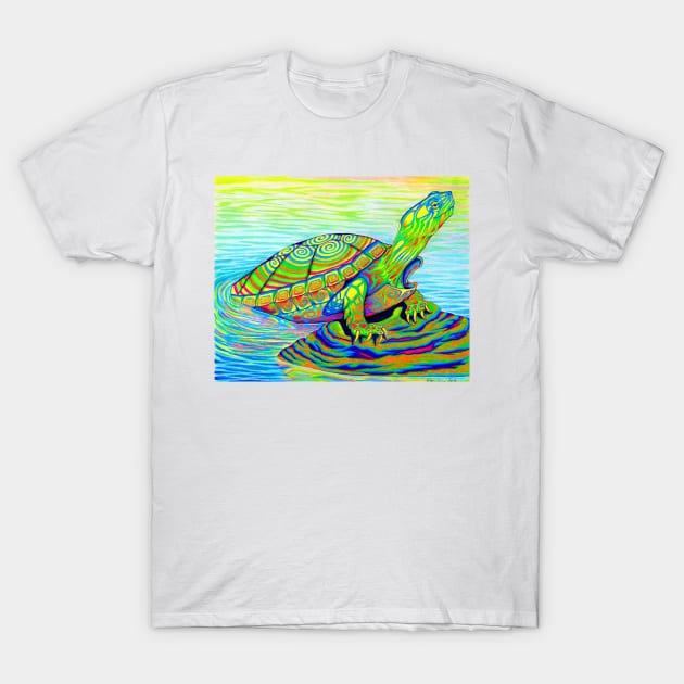 Psychedelic Neon Rainbow Painted Turtle T-Shirt by rebeccawangart